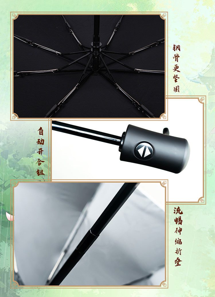 Mo Dao Zu Shi Color Changing Umbrella, Automatic Open Close, Water Activated Pattern, 8 Rib Black Compact Folding, 7th Anniversary Theme