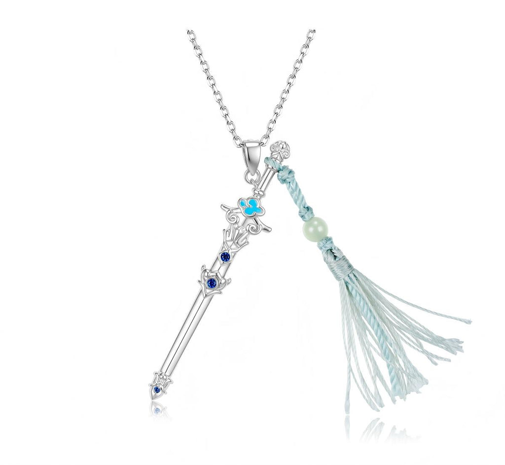 Mo Dao Zu Shi Lan Wangji Sword S925 Sterling Silver Necklace,Wangji Sword Pendant, Blue Crystal Accents, Tassel Detail, 43.5cm Chain Length, Anime Merchandise