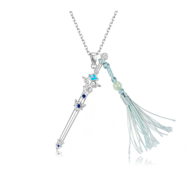 Mo Dao Zu Shi Lan Wangji Sword S925 Sterling Silver Necklace,Wangji Sword Pendant, Blue Crystal Accents, Tassel Detail, 43.5cm Chain Length, Anime Merchandise