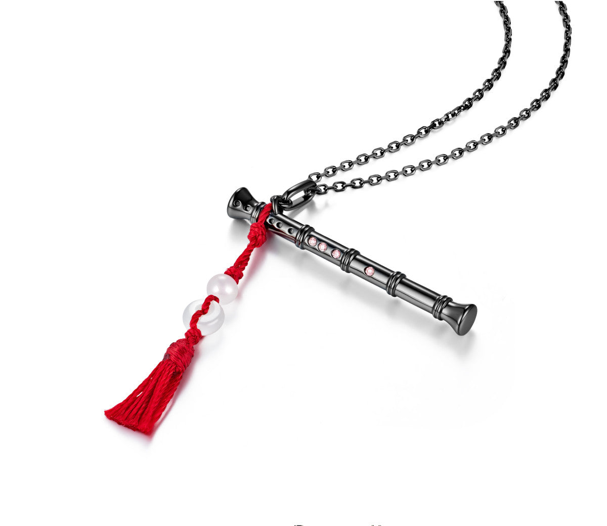 Mo Dao Zu Shi Chenqing Flute S925 Sterling Silver Necklace ,Wei Wuxian Inspired, Red Tassel Pendant, Pink Crystal Accents, 43.5cm Chain Length, Anime Collectible
