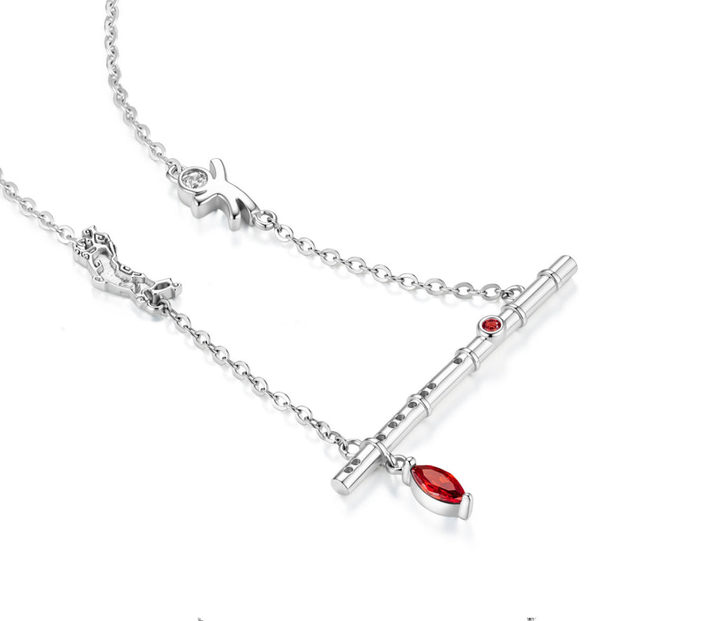 Mo Dao Zu Shi Chenqing Flute Anime Necklace with Red Crystal,Alloy Material, Marquise Red Crystal, 45.7cm Chain Length, Wei Wuxian Inspired, Adjustable Chain