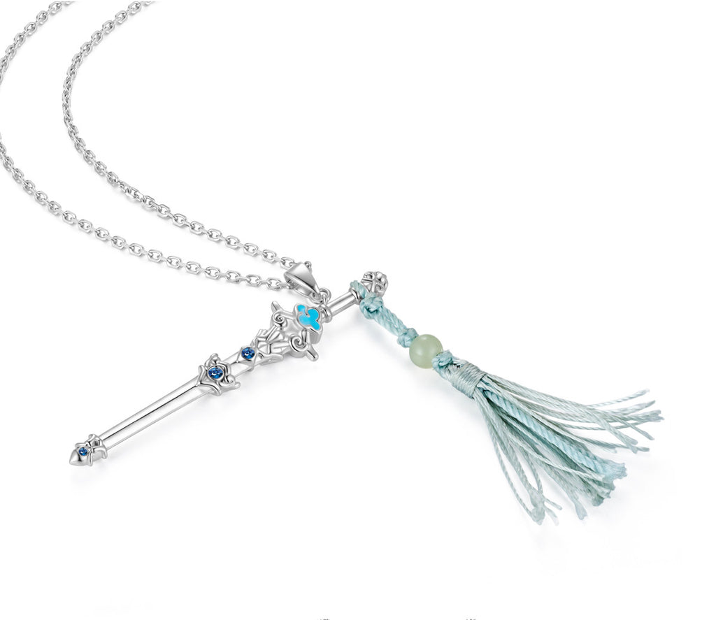 Mo Dao Zu Shi Lan Wangji Sword S925 Sterling Silver Necklace,Wangji Sword Pendant, Blue Crystal Accents, Tassel Detail, 43.5cm Chain Length, Anime Merchandise