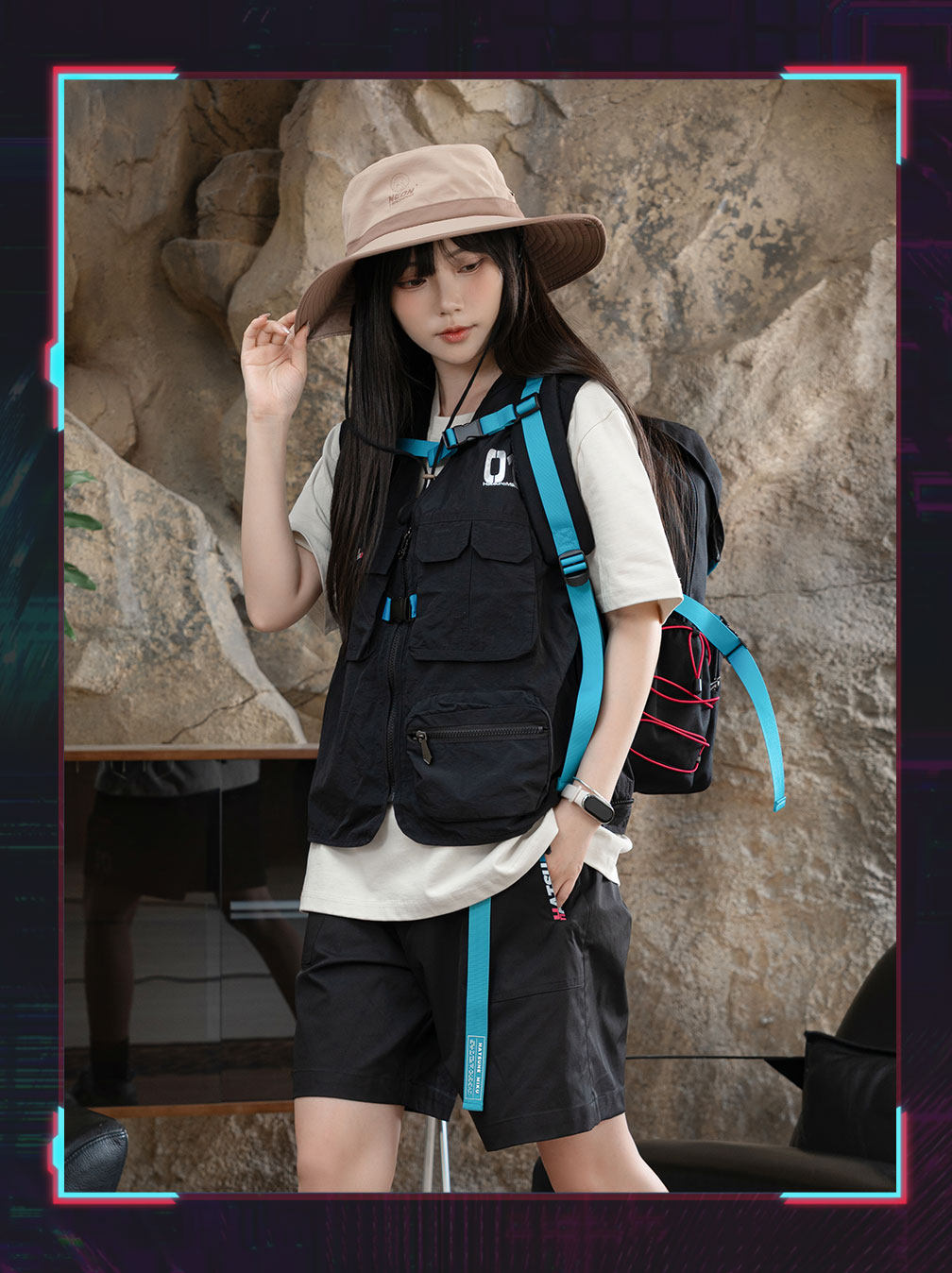Miku Neon Techno Bucket Hat, Wide Brim Fisherman Sun Hat for Hiking, Summer Sports