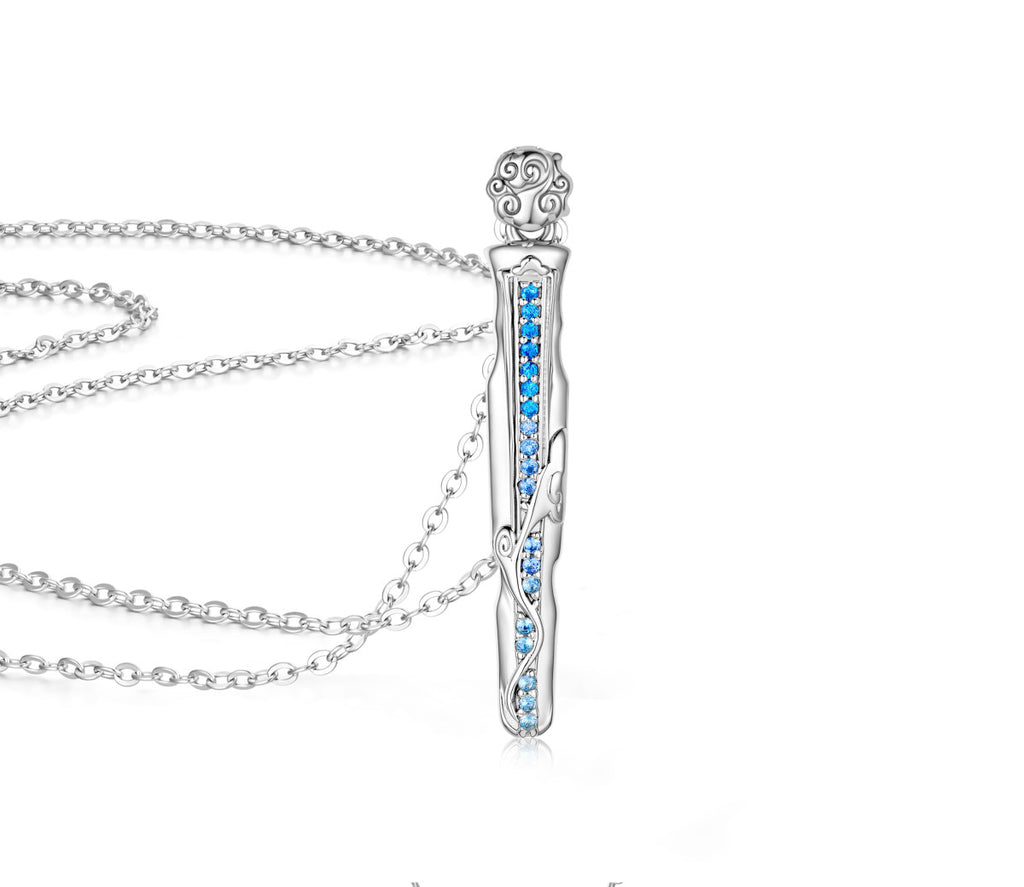 Mo Dao Zu Shi S925 Sterling Silver Wangji Qin Pendant Necklace,Blue Crystal Inlay, Intricate Floral Engraving, 45cm Adjustable Chain, Anime Collectible, Silver Jewelry Series