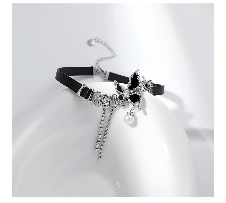 Heaven Officials Blessing Black Butterfly Choker Necklace，Pearl Pendant, Crystal Tassel Drop, Black Velvet Band, Silver-Tone Accents, Adjustable Clasp