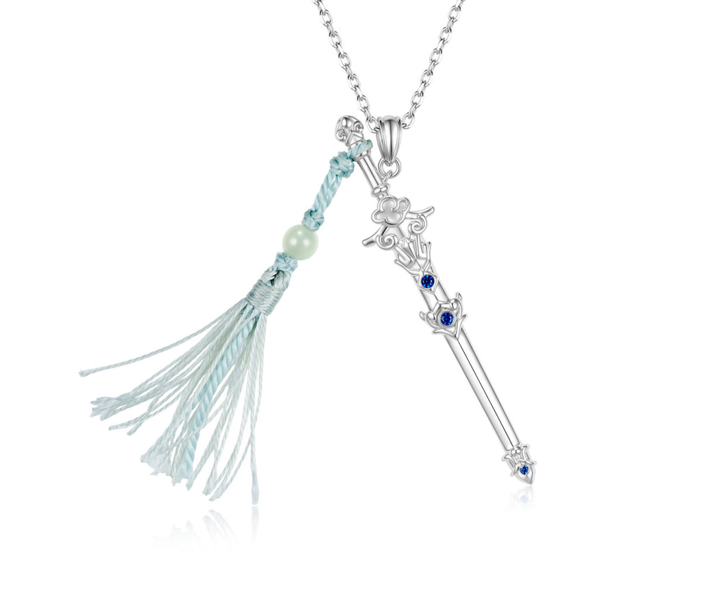 Mo Dao Zu Shi Lan Wangji Sword S925 Sterling Silver Necklace,Wangji Sword Pendant, Blue Crystal Accents, Tassel Detail, 43.5cm Chain Length, Anime Merchandise