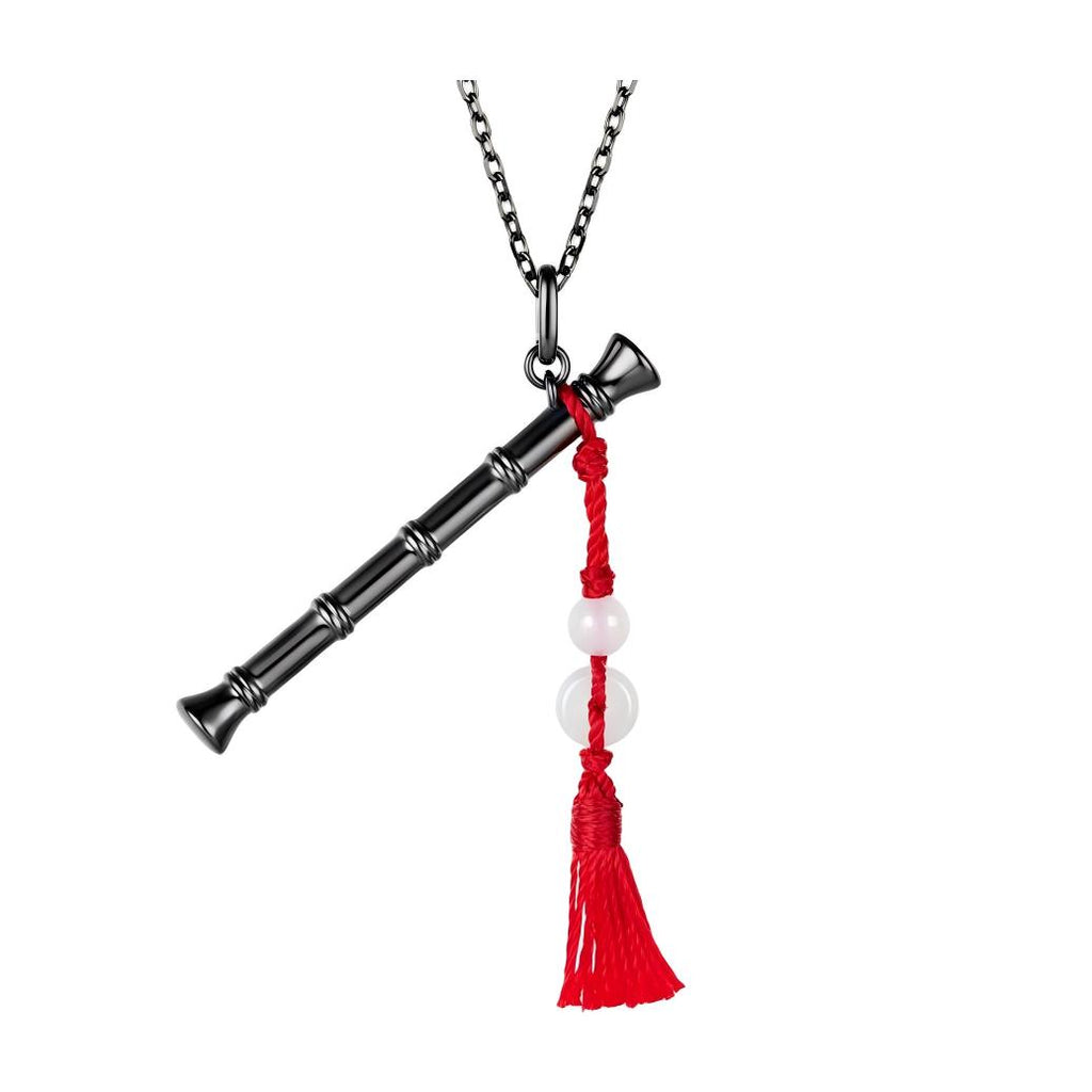 Mo Dao Zu Shi Chenqing Flute S925 Sterling Silver Necklace ,Wei Wuxian Inspired, Red Tassel Pendant, Pink Crystal Accents, 43.5cm Chain Length, Anime Collectible