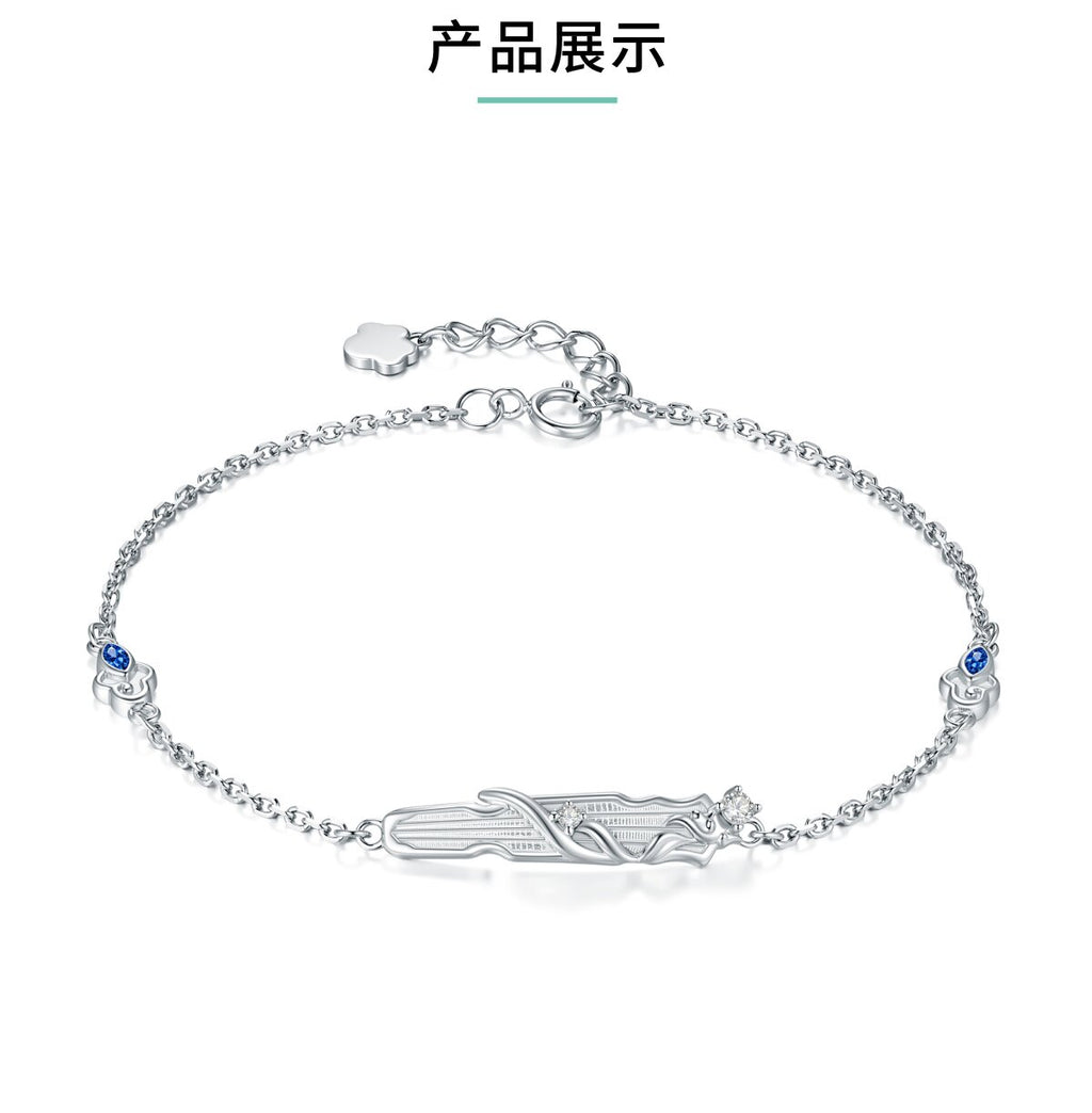 Mo Dao Zu Shi S925 Sterling Silver Bracelet Wangji Qin,Blue Crystal Accents, Adjustable Chain 18.5cm, Lan Wangji Inspired, Floral Charm Clasp, Silver Jewelry Series