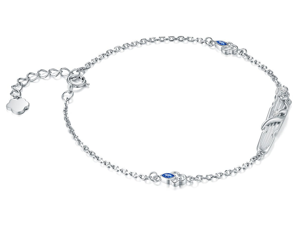 Mo Dao Zu Shi S925 Sterling Silver Bracelet Wangji Qin,Blue Crystal Accents, Adjustable Chain 18.5cm, Lan Wangji Inspired, Floral Charm Clasp, Silver Jewelry Series