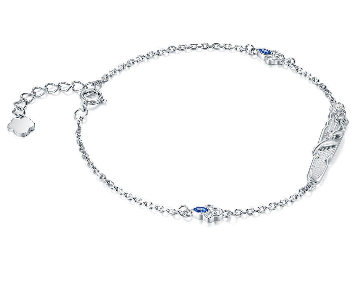Mo Dao Zu Shi S925 Sterling Silver Bracelet Wangji Qin,Blue Crystal Accents, Adjustable Chain 18.5cm, Lan Wangji Inspired, Floral Charm Clasp, Silver Jewelry Series
