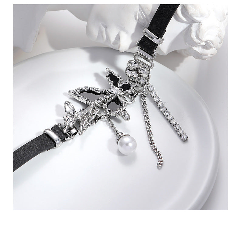 Heaven Officials Blessing Black Butterfly Choker Necklace，Pearl Pendant, Crystal Tassel Drop, Black Velvet Band, Silver-Tone Accents, Adjustable Clasp