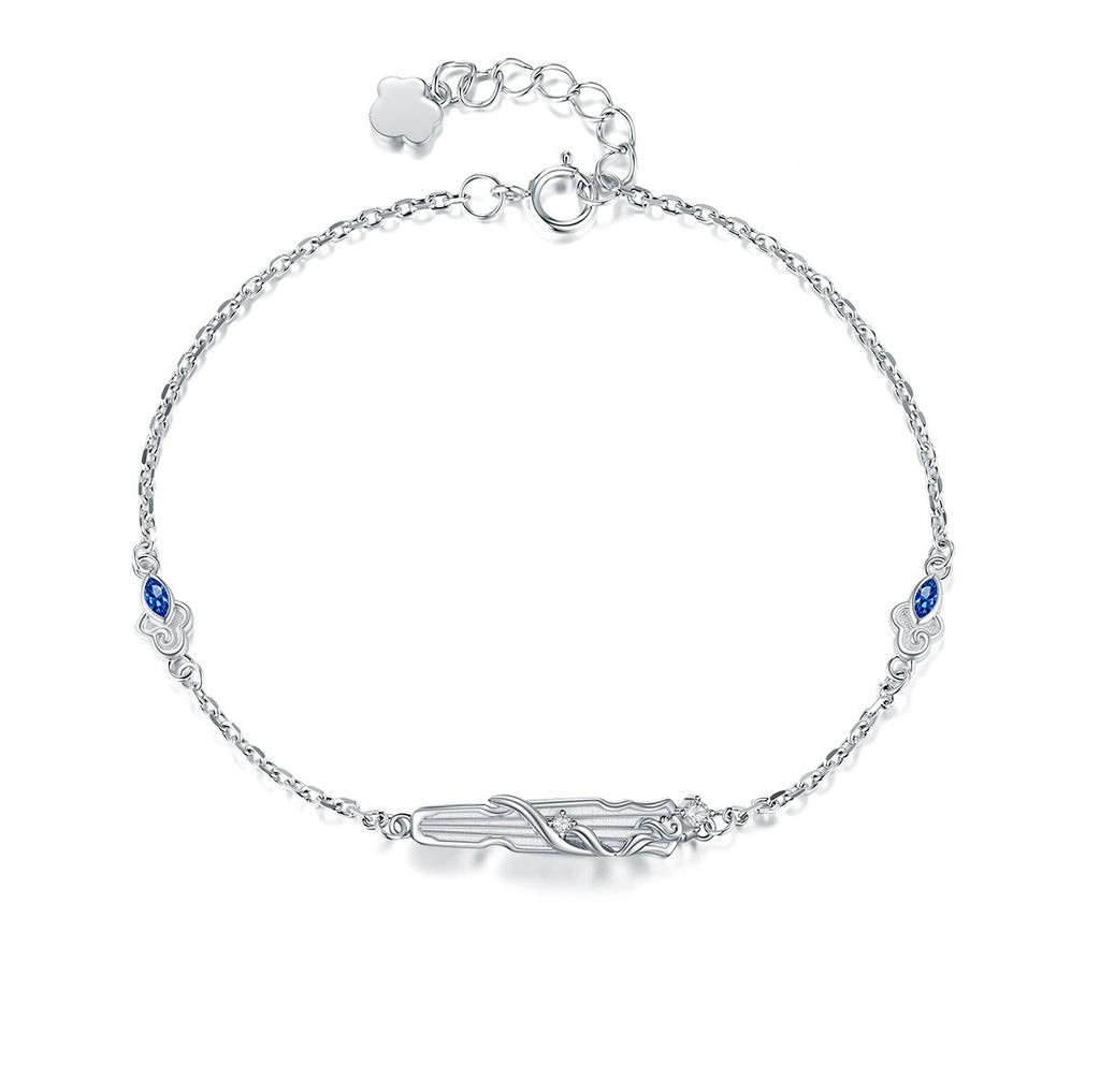 Mo Dao Zu Shi S925 Sterling Silver Bracelet Wangji Qin,Blue Crystal Accents, Adjustable Chain 18.5cm, Lan Wangji Inspired, Floral Charm Clasp, Silver Jewelry Series