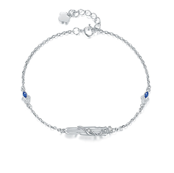 Mo Dao Zu Shi S925 Sterling Silver Bracelet Wangji Qin,Blue Crystal Accents, Adjustable Chain 18.5cm, Lan Wangji Inspired, Floral Charm Clasp, Silver Jewelry Series