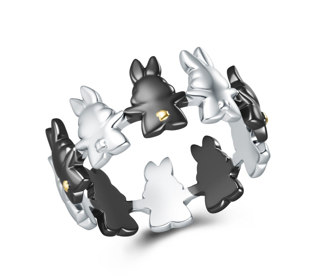 Mo Dao Zu Shi Bunny Ring Anime-Themed Alloy Ring |，Black & Silver Bunnies, Anime Inspired Design, Circular Band Style, Gold Accent Details, Alloy Material