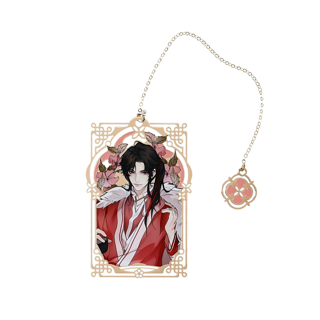 Heaven Officials Blessing Anime Metal Bookmark with Chain ，4 Character Styles, 56 x 84mm Size, Floral Artwork Design, Enamel Charm Pendant, Collectible Series