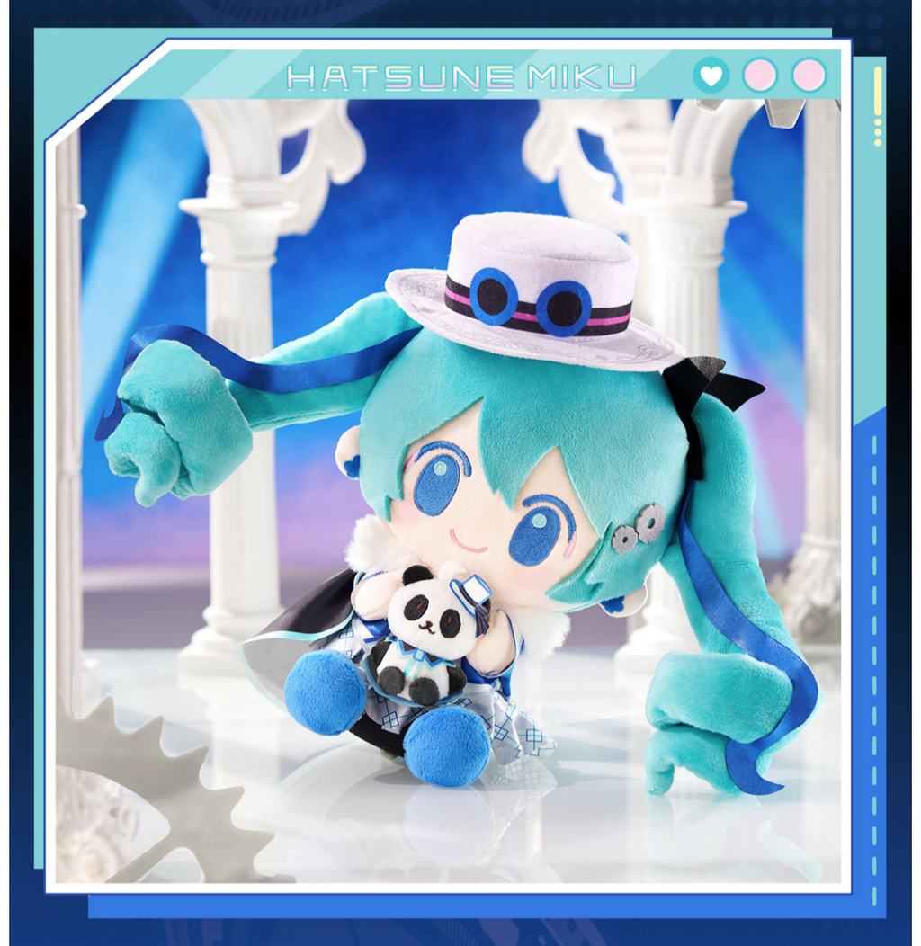 Miku Plush Toy with Panda, Q Version Sitting Doll, Turquoise Hair Character, 20cm Tall, Polyester Fiber, Themed Costume with White Hat