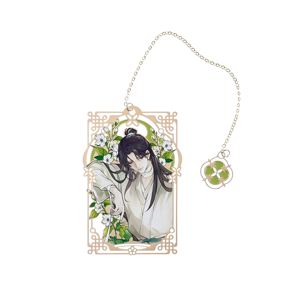 Heaven Officials Blessing Anime Metal Bookmark with Chain ，4 Character Styles, 56 x 84mm Size, Floral Artwork Design, Enamel Charm Pendant, Collectible Series