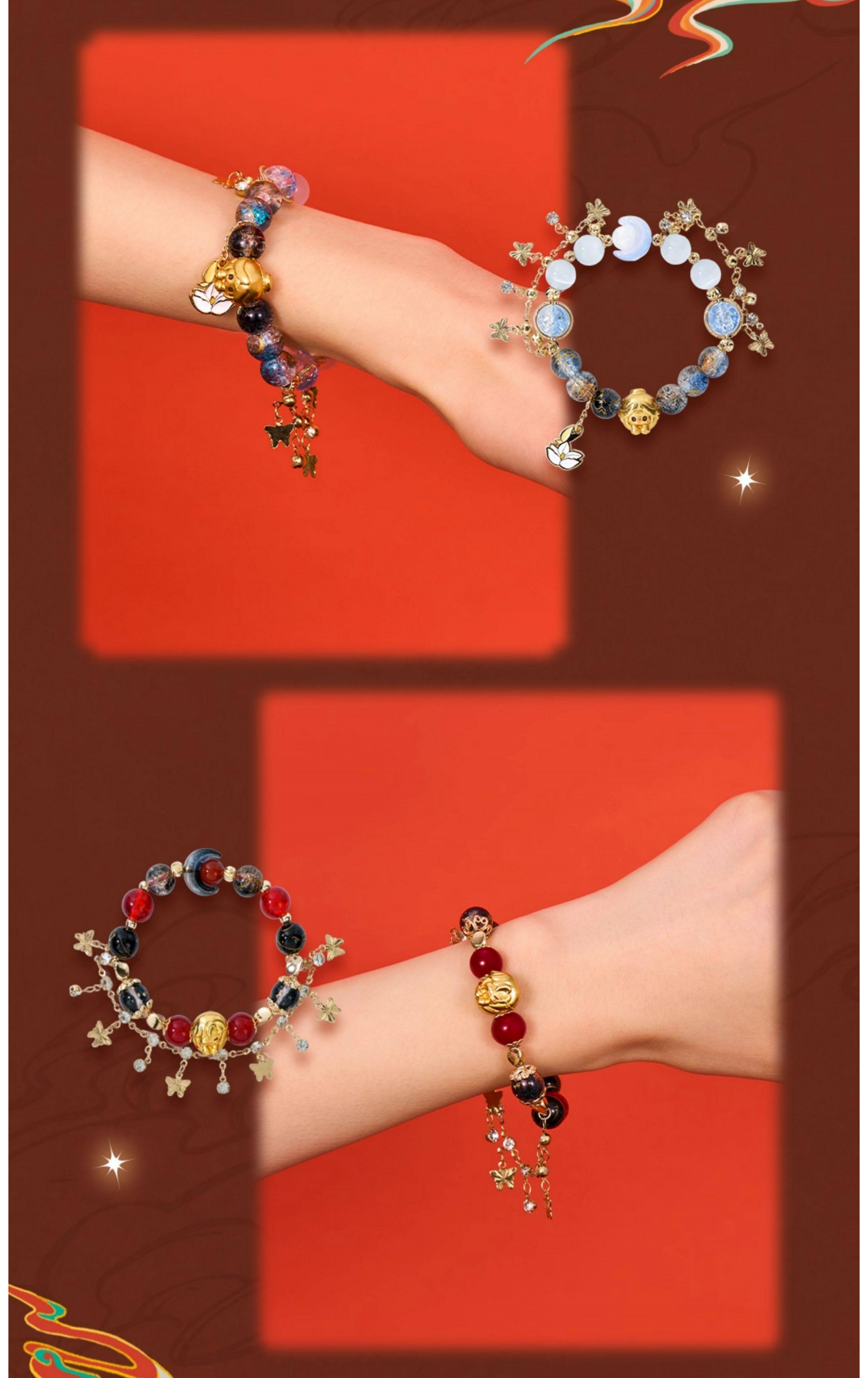 “Ming Yue Lou Lan” Traditional Chinese Beaded Bracelets Collection, Heaven Officials Blessing Anime-Inspired Jewelry, Assorted Styles with Gold and Silver Charms, Blind Box