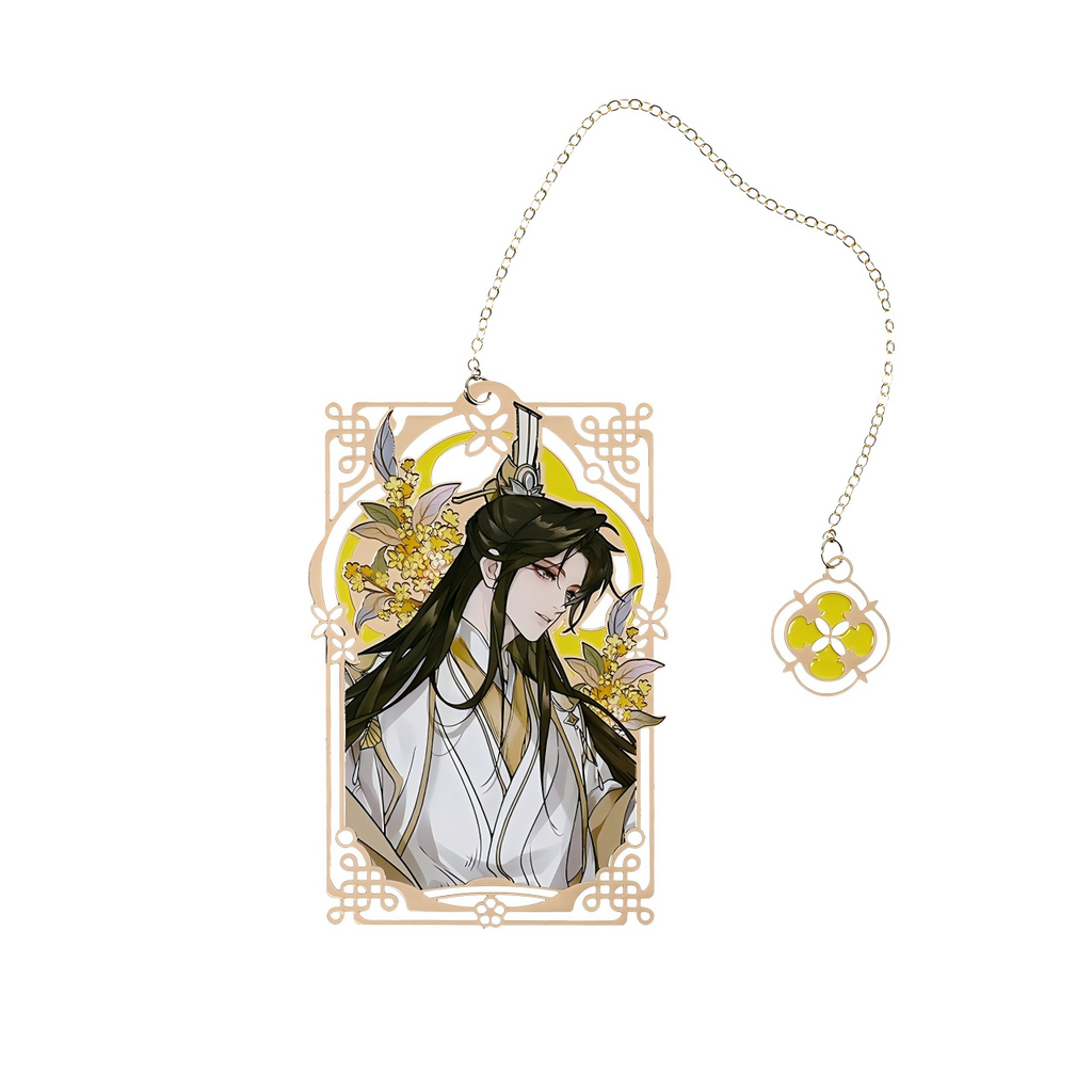 Heaven Officials Blessing Anime Metal Bookmark with Chain ，4 Character Styles, 56 x 84mm Size, Floral Artwork Design, Enamel Charm Pendant, Collectible Series