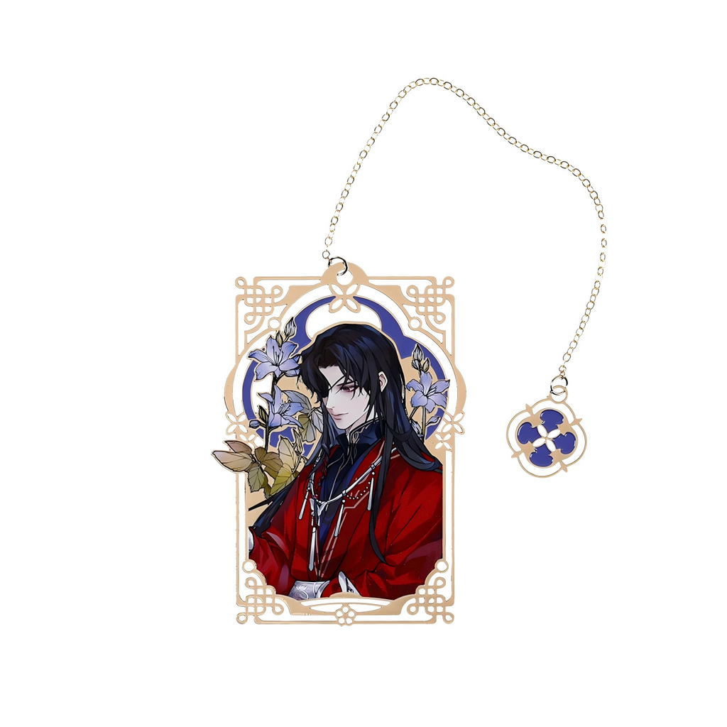 Heaven Officials Blessing Anime Metal Bookmark with Chain ，4 Character Styles, 56 x 84mm Size, Floral Artwork Design, Enamel Charm Pendant, Collectible Series