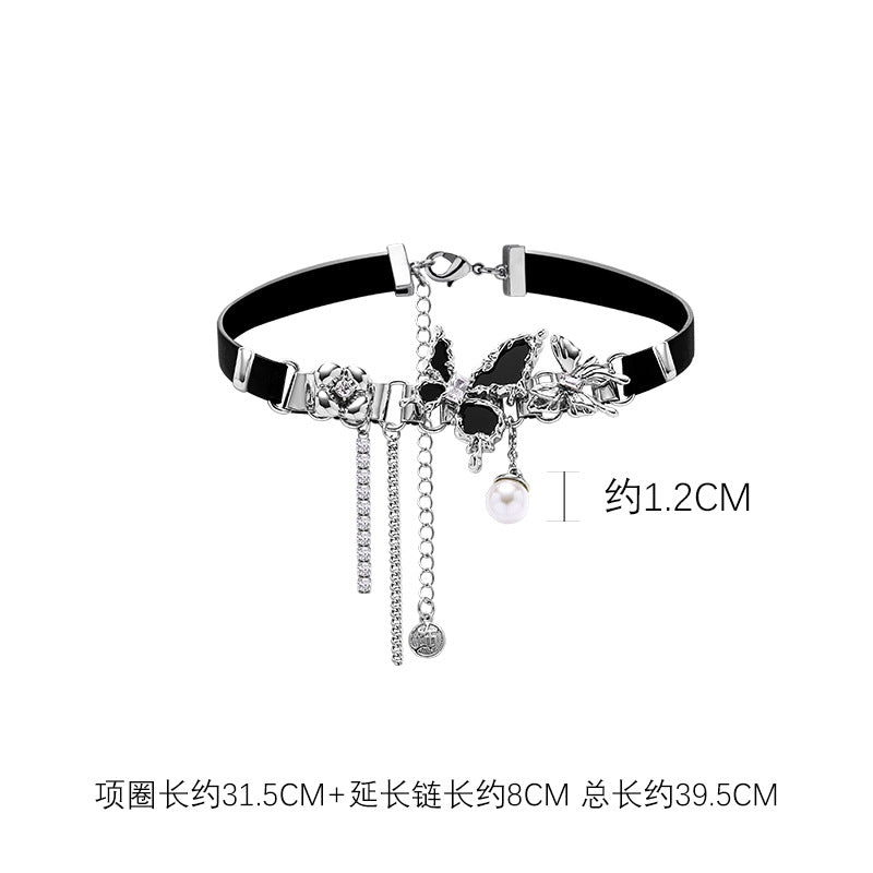 Heaven Officials Blessing Black Butterfly Choker Necklace，Pearl Pendant, Crystal Tassel Drop, Black Velvet Band, Silver-Tone Accents, Adjustable Clasp