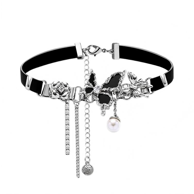 Heaven Officials Blessing Black Butterfly Choker Necklace，Pearl Pendant, Crystal Tassel Drop, Black Velvet Band, Silver-Tone Accents, Adjustable Clasp