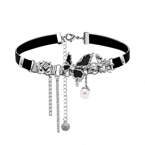 Heaven Officials Blessing Black Butterfly Choker Necklace，Pearl Pendant, Crystal Tassel Drop, Black Velvet Band, Silver-Tone Accents, Adjustable Clasp
