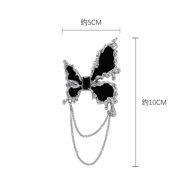 Heaven Officials Blessing Black Butterfly Brooch Pin with Chain，Silver-Tone Metal, Dangling Chain Tassel, Black Enamel Wings, Lapel Pin, Gothic Style