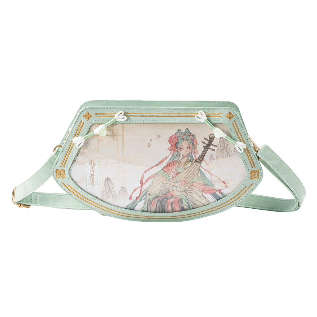 Hatsune Miku Chinese Style Crossbody Shoulder Bag 28x16cm,Fan-Shaped Design, Interchangeable Straps, Resin Beaded Chain, Multiple Zip Pockets, Mint Green