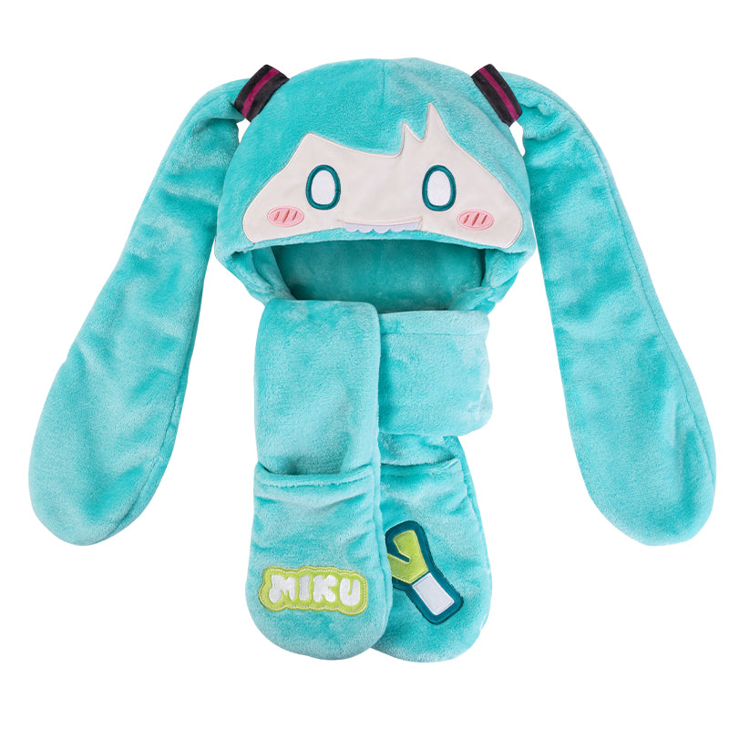 Hatsune Miku Plush Hat Scarf and Gloves 3-in-1 Set，Teal Bunny Ear Design, 220cm Scarf Length, 24cm Hat Height, Polyester Fleece, Anime Cosplay Accessory
