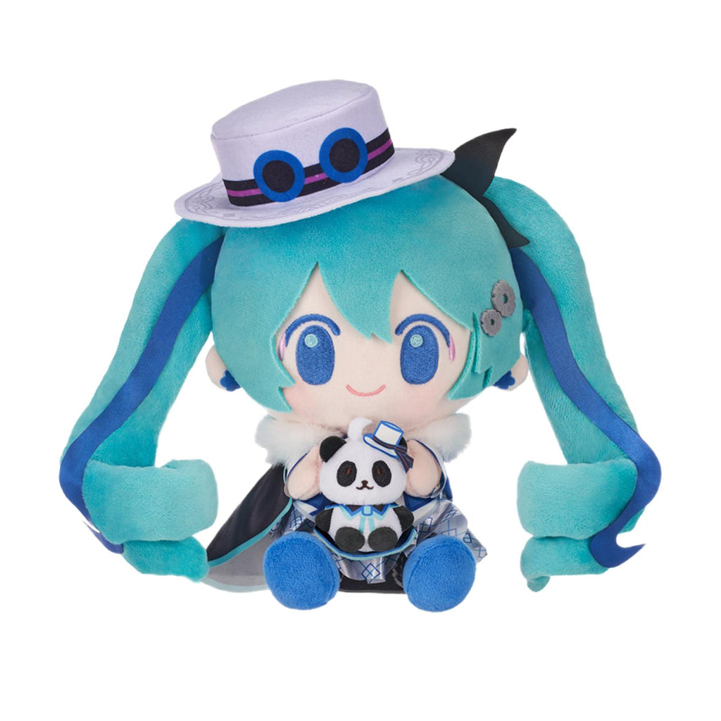 Miku Plush Toy with Panda, Q Version Sitting Doll, Turquoise Hair Character, 20cm Tall, Polyester Fiber, Themed Costume with White Hat