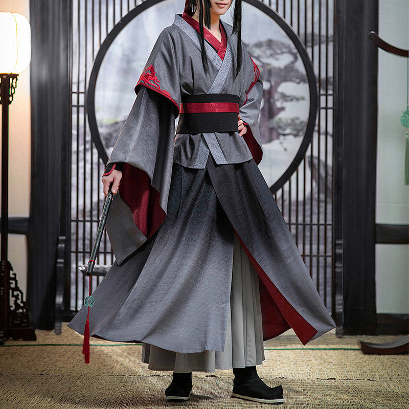 Mo Dao Zu Shi Wei Wuxian Cosplay Costume Set, Youth Style Hanfu, Traditional Chinese Robe with Accessories, Gray and Red, Multi-Piece Set for Anime Conventions