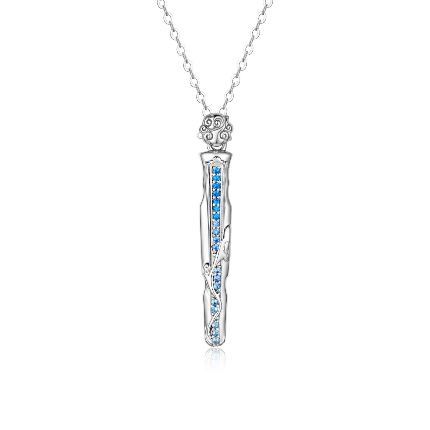 Mo Dao Zu Shi S925 Sterling Silver Wangji Qin Pendant Necklace,Blue Crystal Inlay, Intricate Floral Engraving, 45cm Adjustable Chain, Anime Collectible, Silver Jewelry Series