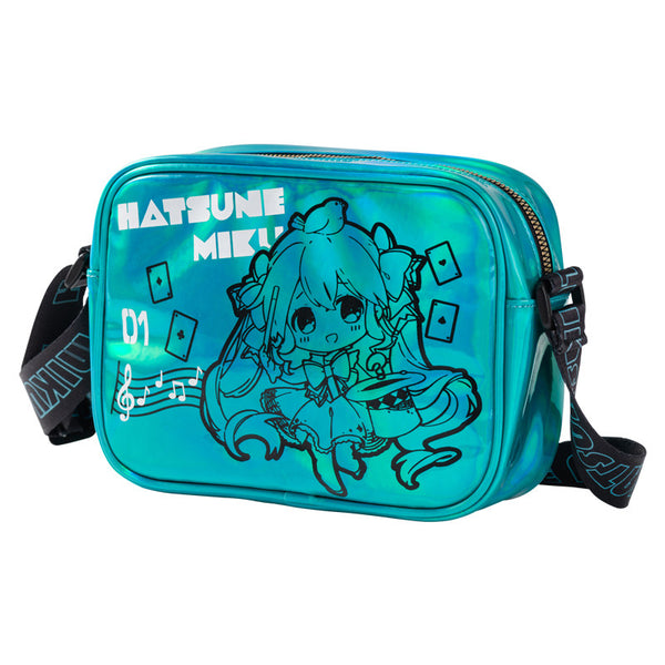 Miku Holographic Crossbody Shoulder Bag 16x22x6.5cm ，Adjustable 120cm Strap, Anime Character Print, Zip Closure, Iridescent Finish, Compact Size