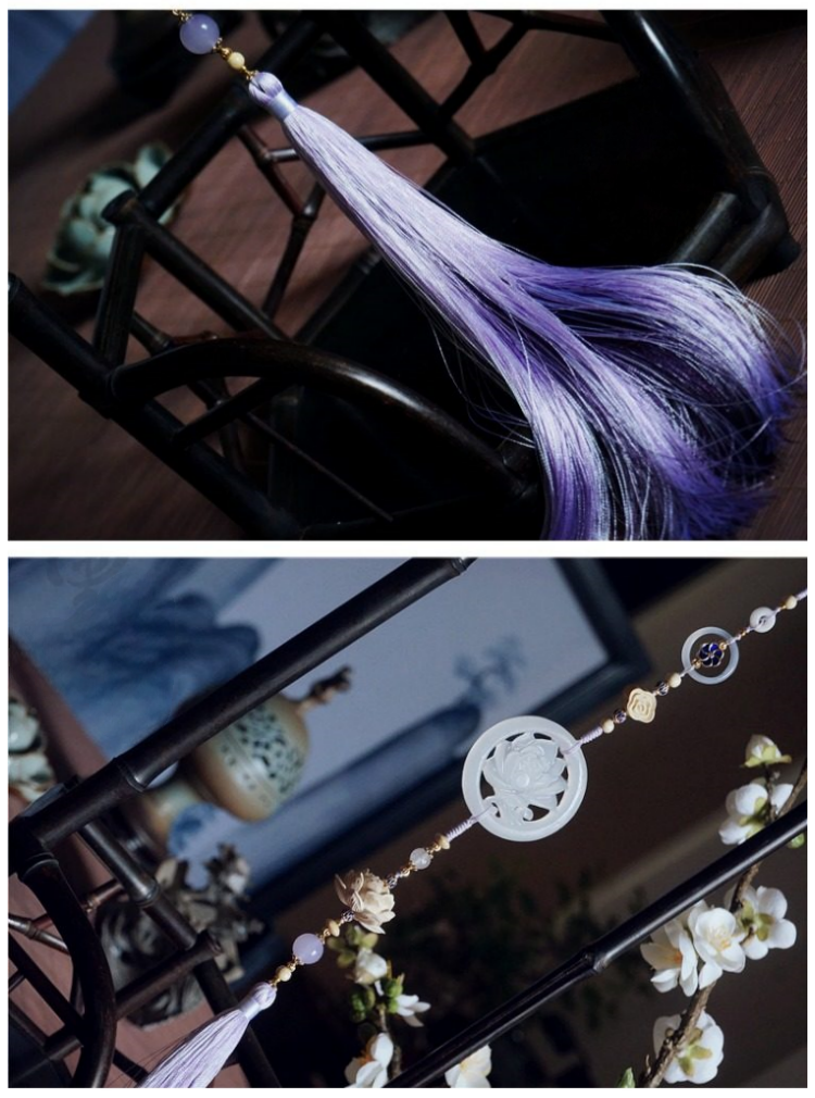 The Untamed Cosplay Prop White Jade Lotus Flower Agate Tassel Waist Pendant, 40cm Long, Purple Tassel