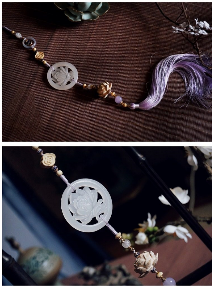 The Untamed Cosplay Prop White Jade Lotus Flower Agate Tassel Waist Pendant, 40cm Long, Purple Tassel