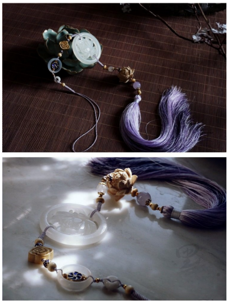 The Untamed Cosplay Prop White Jade Lotus Flower Agate Tassel Waist Pendant, 40cm Long, Purple Tassel