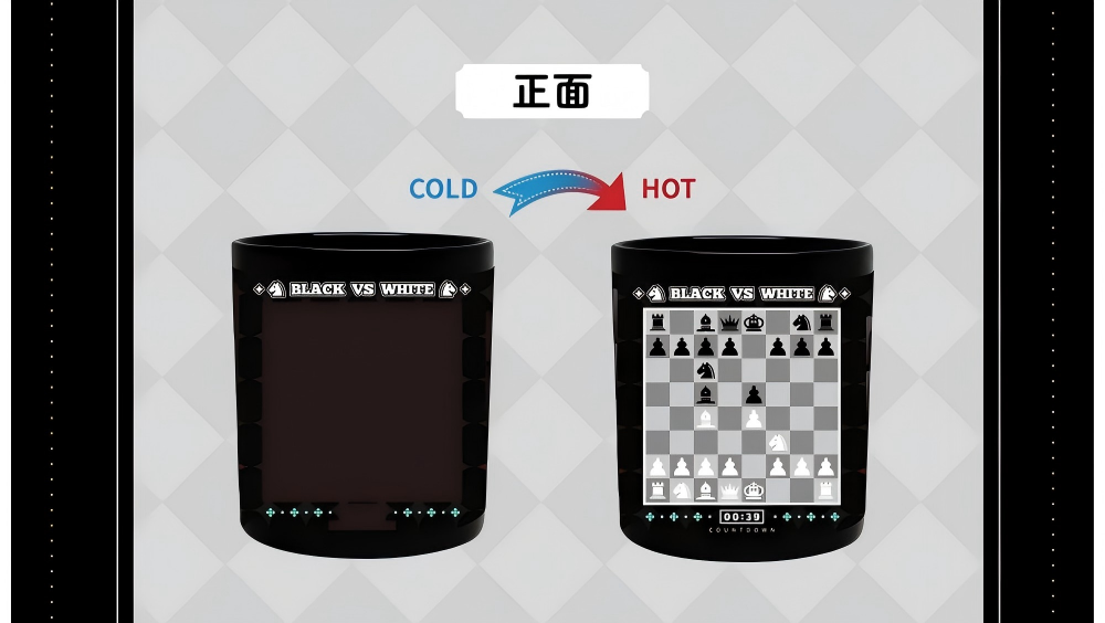 Hatsune Miku Chess Color Changing Mug,Heat Reveal Chessboard, 9.5 cm Tall, Includes Acrylic Coaster, Black Ceramic Mug, Chibi Miku Design