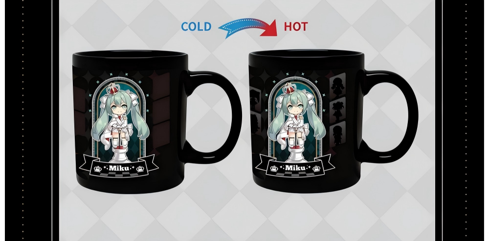 Hatsune Miku Chess Color Changing Mug,Heat Reveal Chessboard, 9.5 cm Tall, Includes Acrylic Coaster, Black Ceramic Mug, Chibi Miku Design