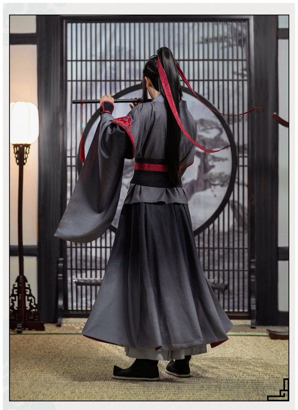 Mo Dao Zu Shi Wei Wuxian Cosplay Costume Set, Youth Style Hanfu, Traditional Chinese Robe with Accessories, Gray and Red, Multi-Piece Set for Anime Conventions