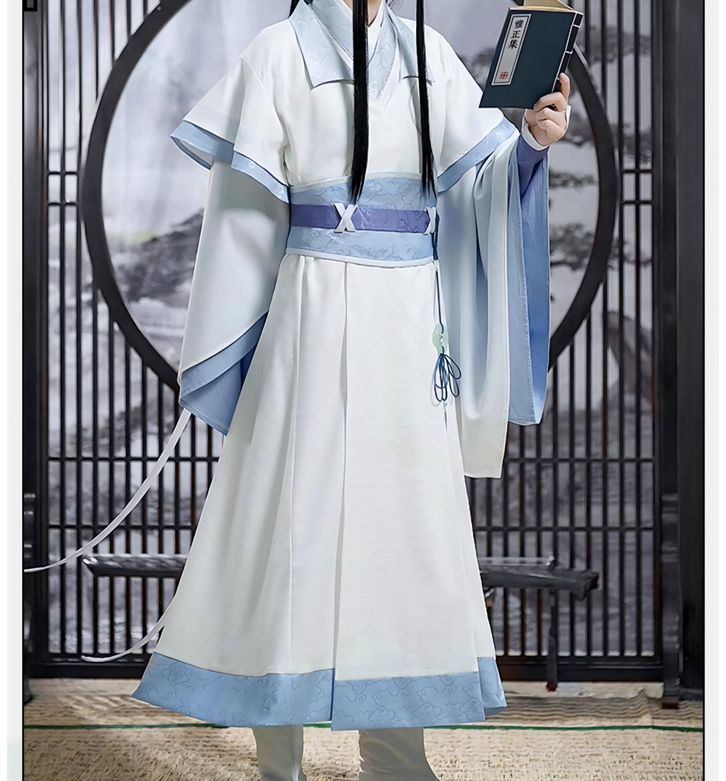 Mo Dao Zu Shi "Lan Wangji" Cosplay Costume Set, Youth Style Hanfu, White and Blue Traditional Chinese Robe with Accessories for Anime Conventions