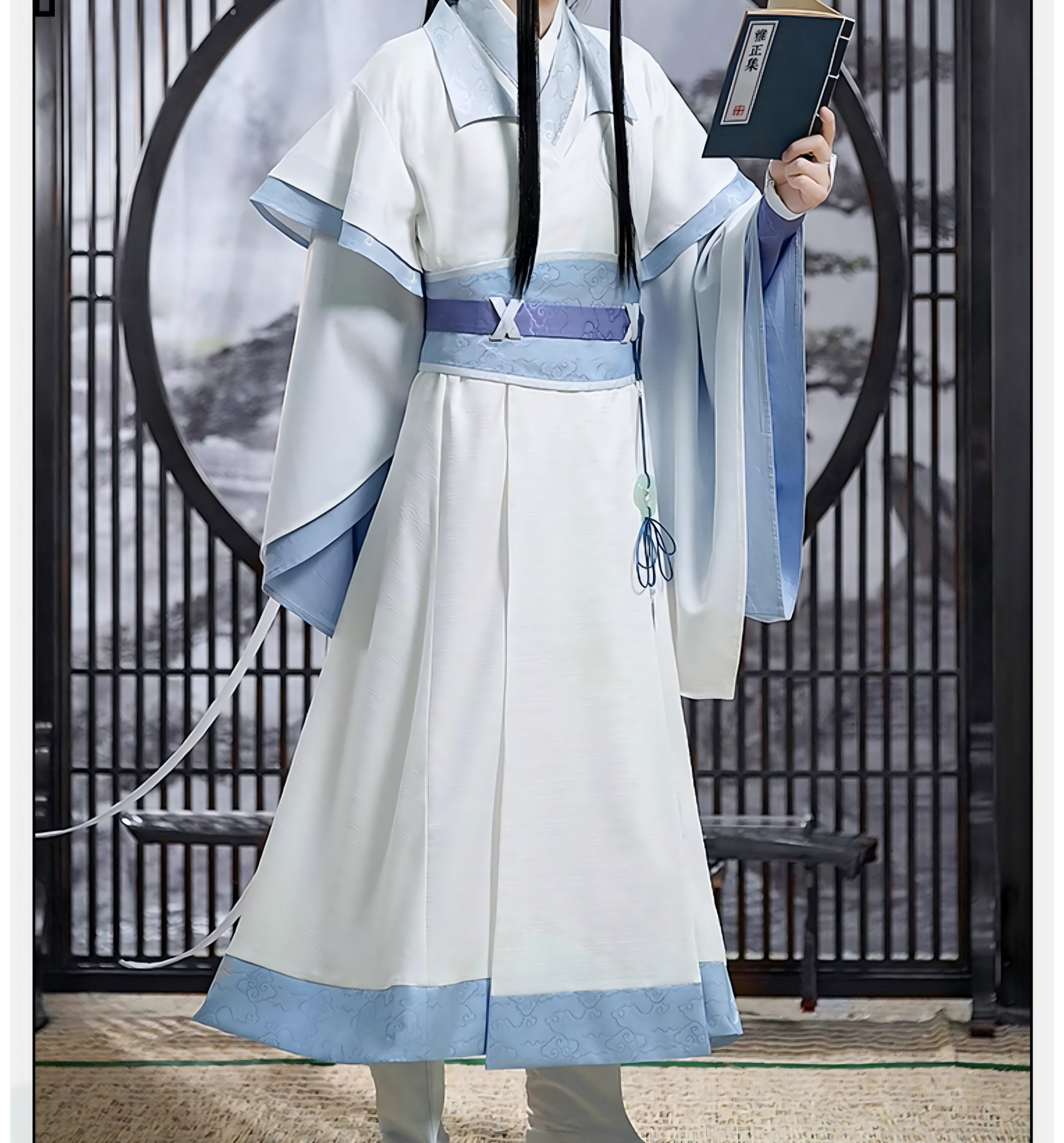 Mo Dao Zu Shi "Lan Wangji" Cosplay Costume Set, Youth Style Hanfu, White and Blue Traditional Chinese Robe with Accessories for Anime Conventions