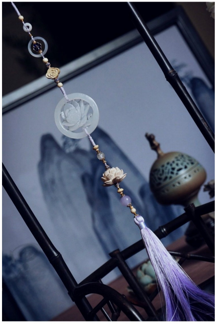 The Untamed Cosplay Prop White Jade Lotus Flower Agate Tassel Waist Pendant, 40cm Long, Purple Tassel