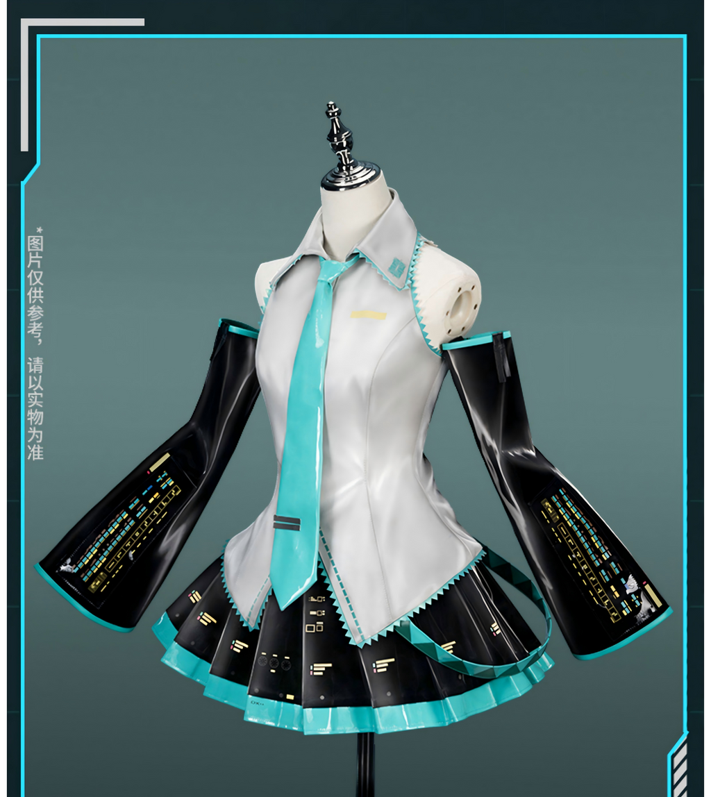 Hatsune Miku Cosplay Costume Set, Liquid PU Leather, Top, Skirt, Tie, Sleeves and Leg Warmers Included（S+ version）