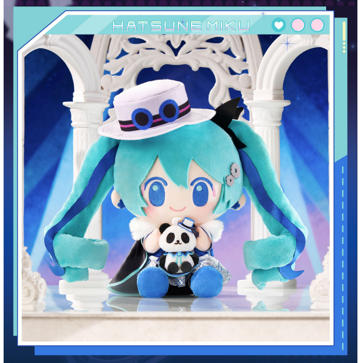Miku Plush Toy with Panda, Q Version Sitting Doll, Turquoise Hair Character, 20cm Tall, Polyester Fiber, Themed Costume with White Hat