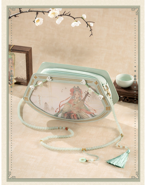 Hatsune Miku Chinese Style Crossbody Shoulder Bag 28x16cm,Fan-Shaped Design, Interchangeable Straps, Resin Beaded Chain, Multiple Zip Pockets, Mint Green