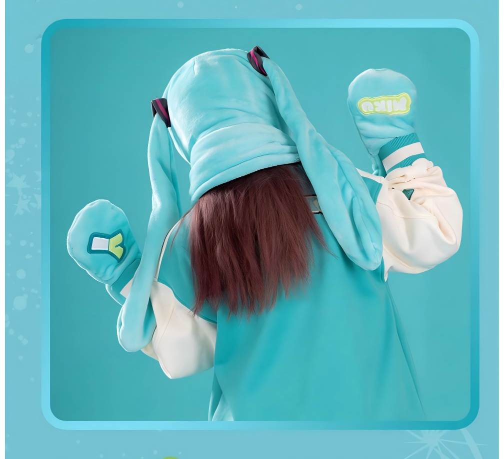 Hatsune Miku Plush Hat Scarf and Gloves 3-in-1 Set，Teal Bunny Ear Design, 220cm Scarf Length, 24cm Hat Height, Polyester Fleece, Anime Cosplay Accessory