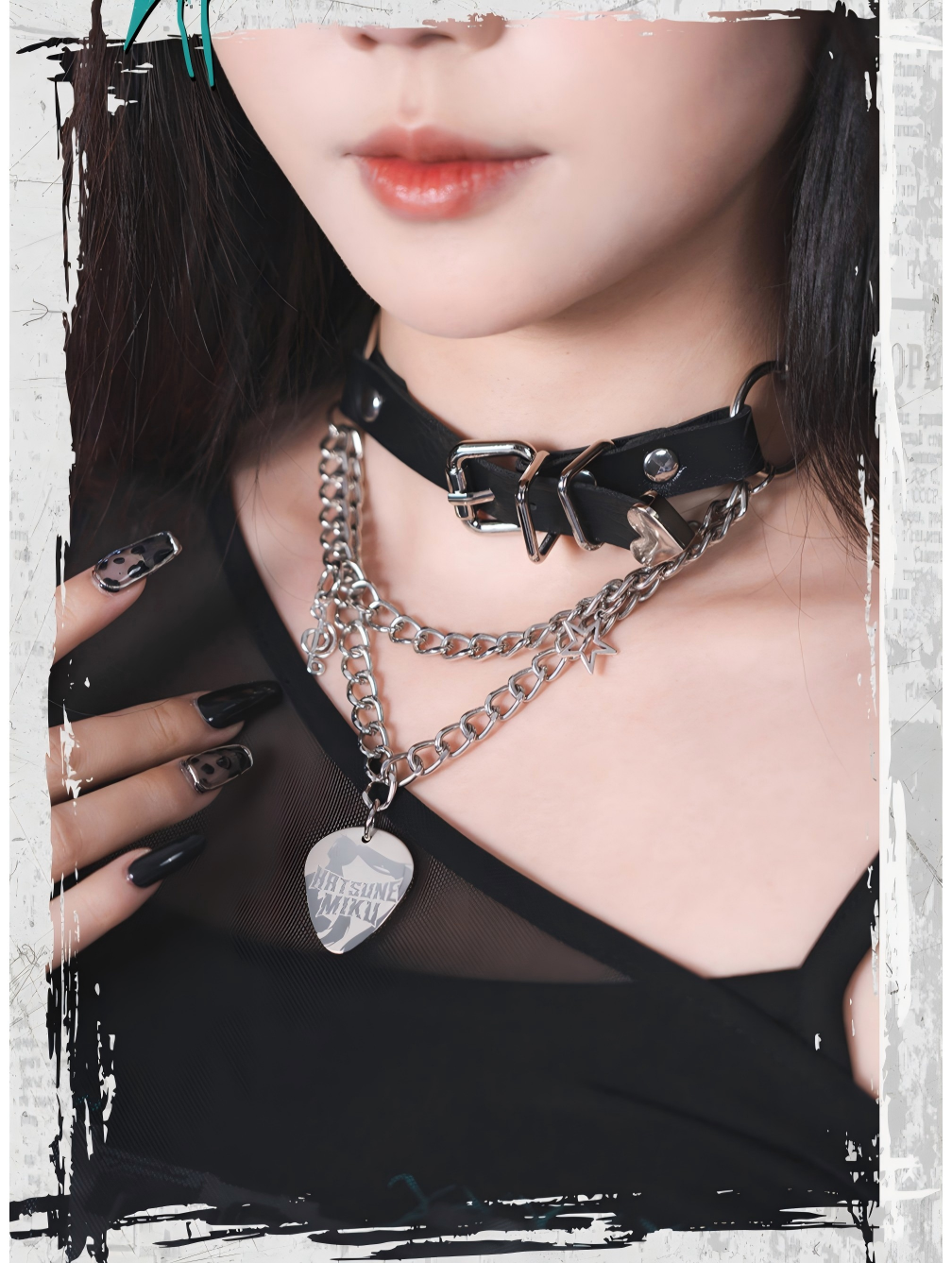 Miku Choker Necklace, Black Leather with Silver Chain, Rock Punk Hip-Hop Style, Guitar Pick Pendant, Adjustable 46cm