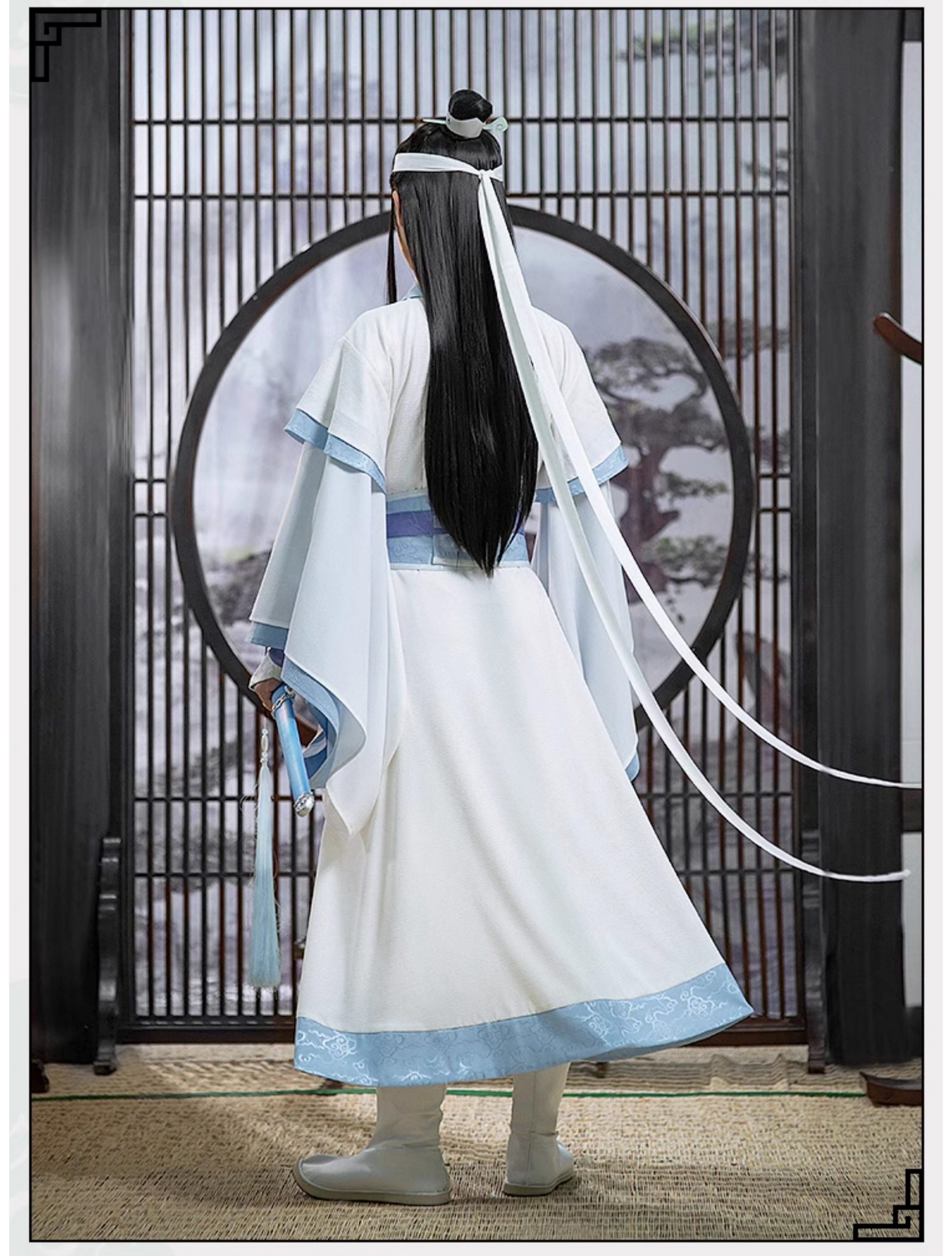 Mo Dao Zu Shi "Lan Wangji" Cosplay Costume Set, Youth Style Hanfu, White and Blue Traditional Chinese Robe with Accessories for Anime Conventions