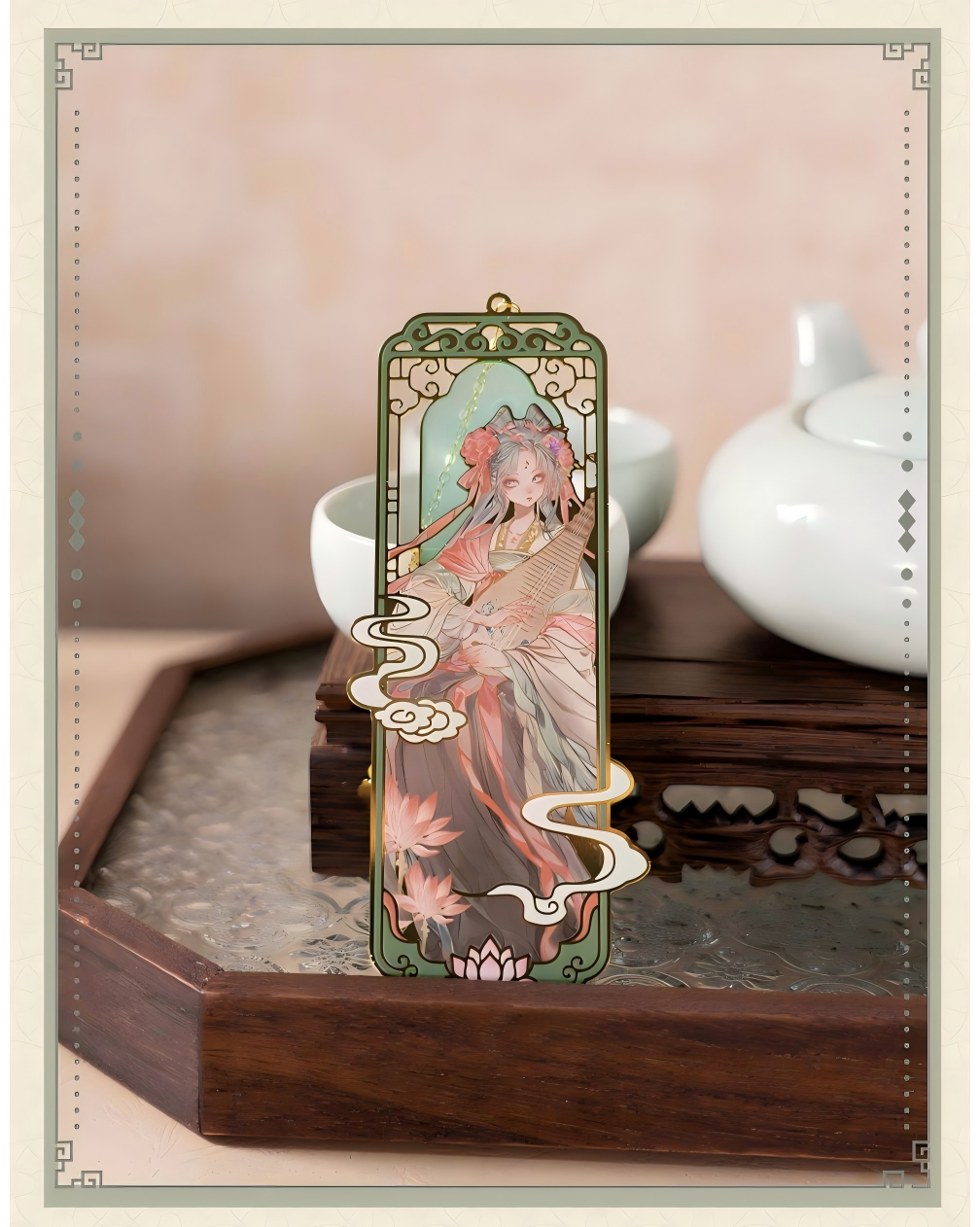 Hatsune Miku Metal Bookmark for Anime Fans with Floral Chain,Gold Chain Pendant, Lotus Flower Charm, 52 x 120mm Size, Chinese Art Style, Enamel Detailing